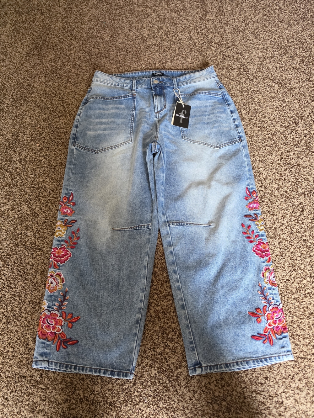 Flamingals Embroidery Side Stitch Detail Mid Waist Barrel Leg Crop Jeans XL NWT